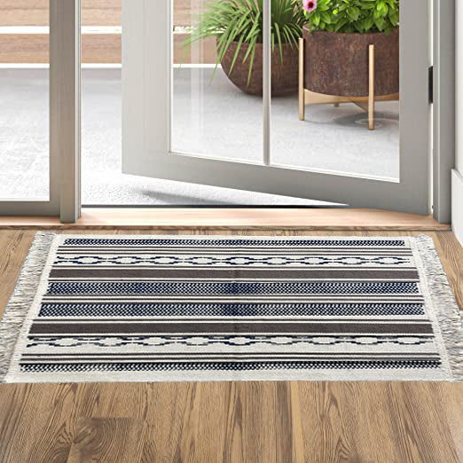 Bornno 2x3 Handwoven Cotton Rug – White & Blue | 100% Natural Cotton Small Accent Mat | Machine Washable Area Rug | Made in Bangladesh