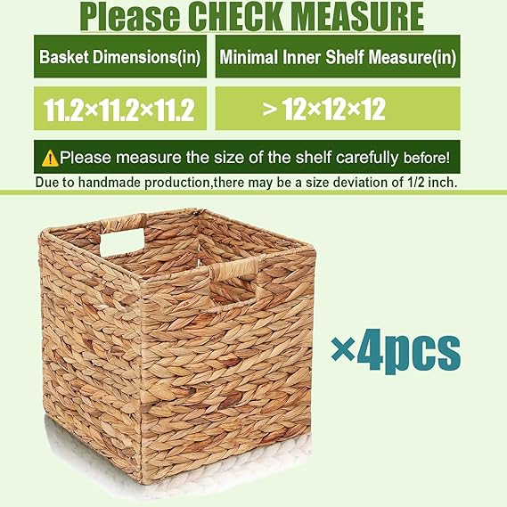Bornno Eco-Weave Storage Cube Set | 4-Pack Foldable 11" Baskets | Natural Water Hyacinth Organizers for Home & Office