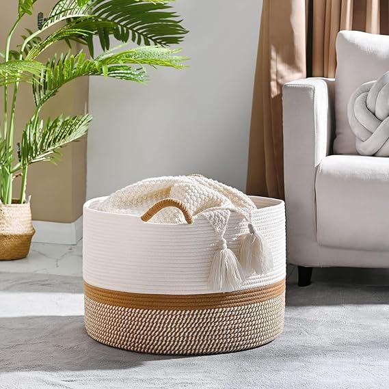 Bornno Nido Woven Storage Basket | 20" Farmhouse Laundry Hamper & Toy Organizer | Cotton Rope Blanket Chest for Nursery & Living Room