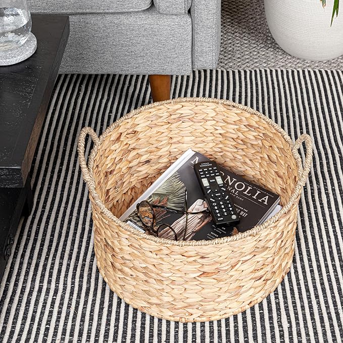 Bornno Solara Round Woven Basket | Handwoven Water Hyacinth & Seagrass Storage | Natural Decor Basket with Oversized Handles