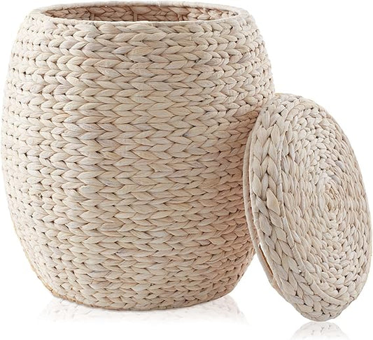 Bornno Round Storage Basket with Lid – Whitewash Water Hyacinth