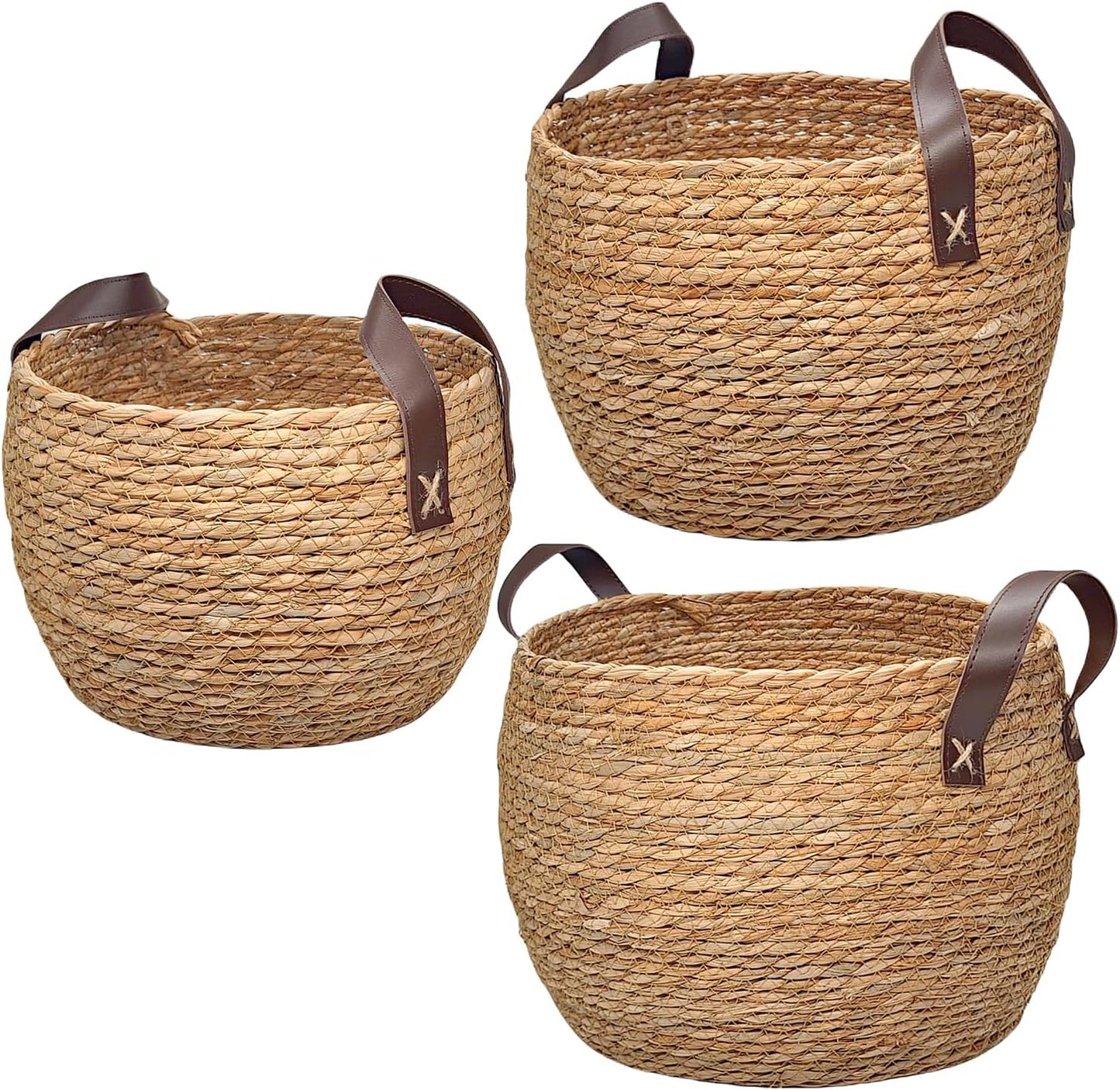 Bornno Round Wicker Woven Seagrass Storage Baskets with Leather Handles – Set of 3