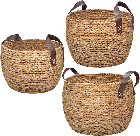 Bornno Round Wicker Woven Seagrass Storage Baskets with Leather Handles – Set of 3