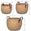 Bornno Round Wicker Woven Seagrass Storage Baskets with Leather Handles – Set of 3
