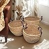 Bornno Round Wicker Woven Seagrass Storage Baskets with Leather Handles – Set of 3