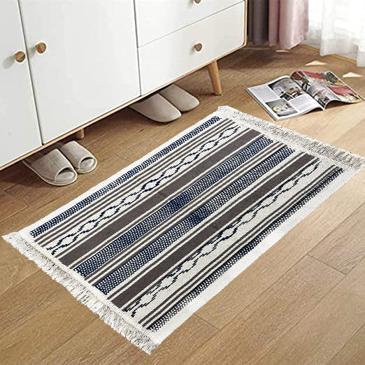 Bornno 2x3 Handwoven Cotton Rug – White & Blue | 100% Natural Cotton Small Accent Mat | Machine Washable Area Rug | Made in Bangladesh