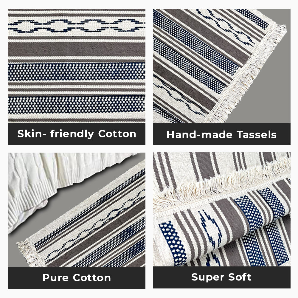 Bornno 2x3 Handwoven Cotton Rug – White & Blue | 100% Natural Cotton Small Accent Mat | Machine Washable Area Rug | Made in Bangladesh