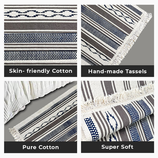 Bornno 2x3 Handwoven Cotton Rug – White & Blue | 100% Natural Cotton Small Accent Mat | Machine Washable Area Rug | Made in Bangladesh