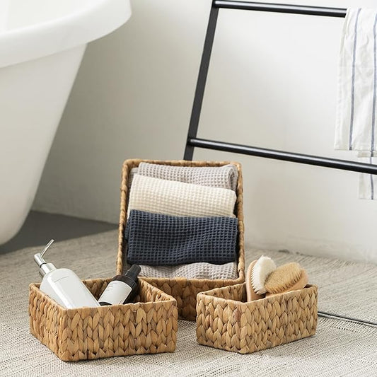 Bornno Harmony Woven Basket Set | 3-Piece Water Hyacinth Storage Collection | Natural Handwoven Organizers for Pantry, Shelf & Home