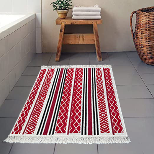 Bornno 2x3 Handwoven Cotton Rug – Red&black| 100% Natural Cotton | Machine Washable Small Accent Rug | Made in Bangladesh