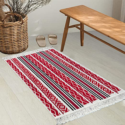 Bornno 2x3 Handwoven Cotton Rug – Red&black| 100% Natural Cotton | Machine Washable Small Accent Rug | Made in Bangladesh