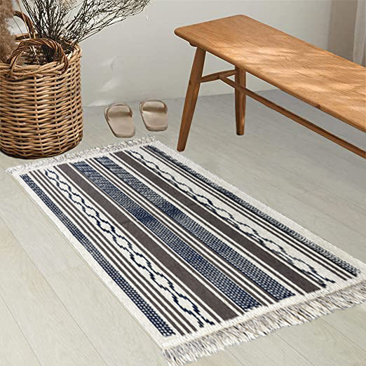 Bornno 2x3 Handwoven Cotton Rug – White & Blue | 100% Natural Cotton Small Accent Mat | Machine Washable Area Rug | Made in Bangladesh
