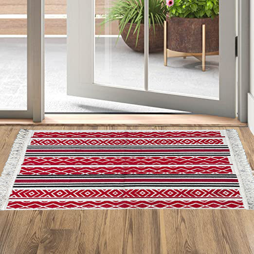Bornno 2x3 Handwoven Cotton Rug – Red&black| 100% Natural Cotton | Machine Washable Small Accent Rug | Made in Bangladesh