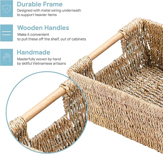 Bornno Cove Rectangular Seagrass Basket | Handwoven Storage Bin with Handle | Medium Woven Organizer for Shelves & Living Room