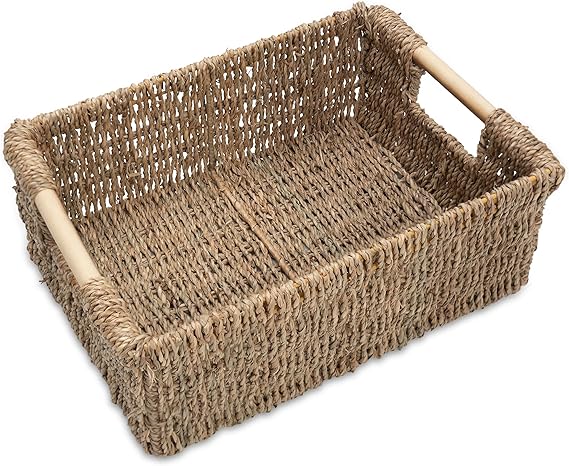 Bornno Cove Rectangular Seagrass Basket | Handwoven Storage Bin with Handle | Medium Woven Organizer for Shelves & Living Room