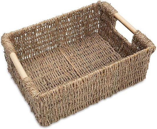 Bornno Cove Rectangular Seagrass Basket | Handwoven Storage Bin with Handle | Medium Woven Organizer for Shelves & Living Room