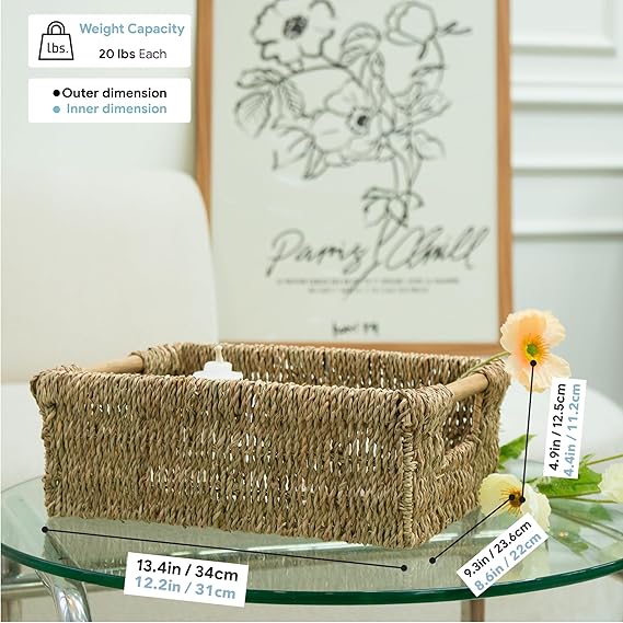 Bornno Cove Rectangular Seagrass Basket | Handwoven Storage Bin with Handle | Medium Woven Organizer for Shelves & Living Room