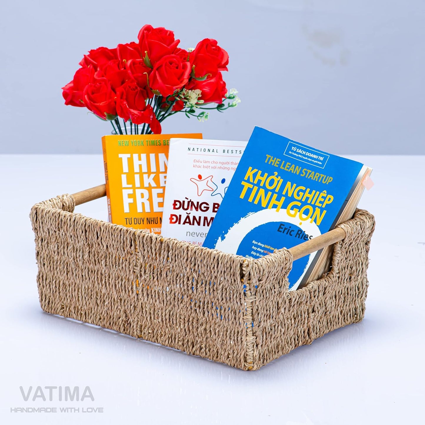 Bornno Cove Rectangular Seagrass Basket | Handwoven Storage Bin with Handle | Medium Woven Organizer for Shelves & Living Room