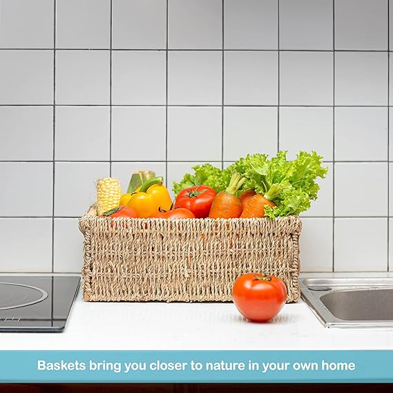 Bornno Cove Rectangular Seagrass Basket | Handwoven Storage Bin with Handle | Medium Woven Organizer for Shelves & Living Room