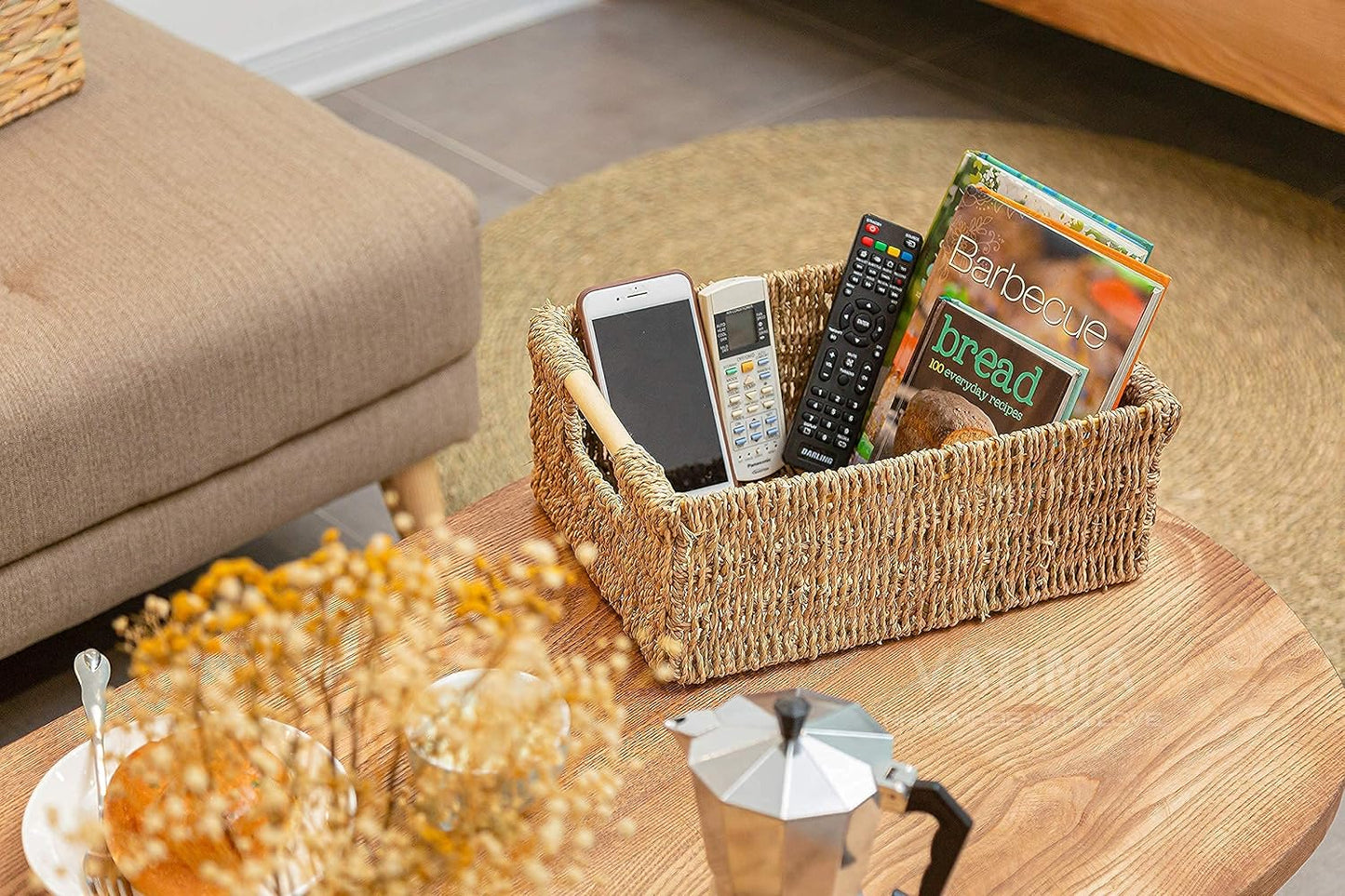 Bornno Cove Rectangular Seagrass Basket | Handwoven Storage Bin with Handle | Medium Woven Organizer for Shelves & Living Room