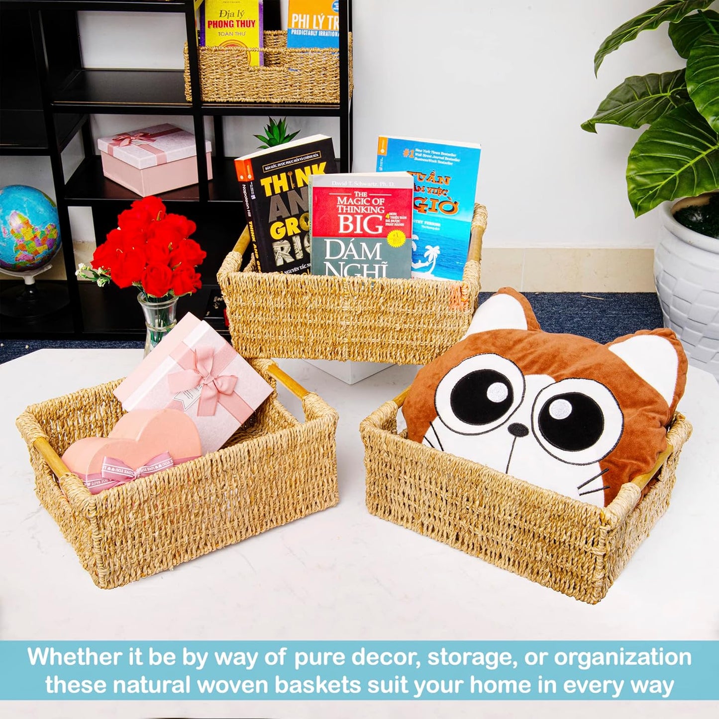 Bornno Cove Rectangular Seagrass Basket | Handwoven Storage Bin with Handle | Medium Woven Organizer for Shelves & Living Room