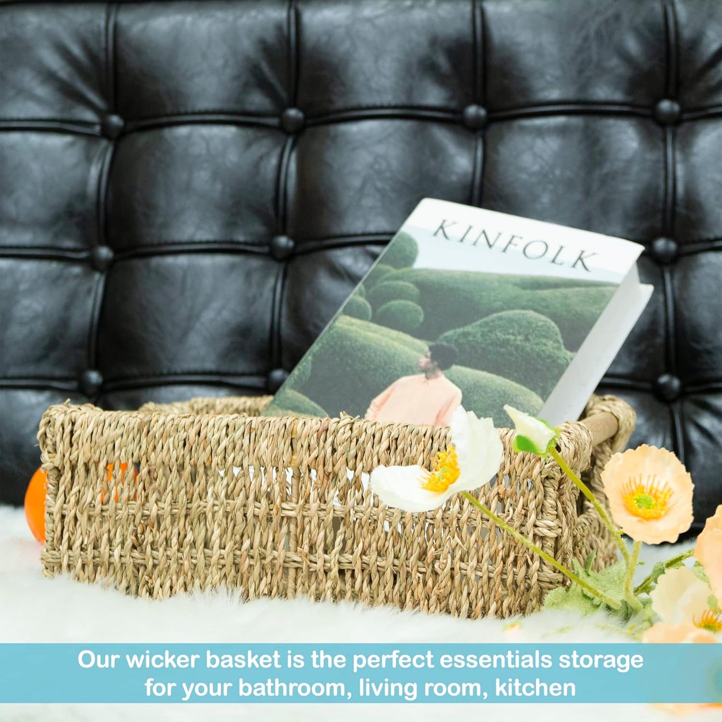 Bornno Cove Rectangular Seagrass Basket | Handwoven Storage Bin with Handle | Medium Woven Organizer for Shelves & Living Room