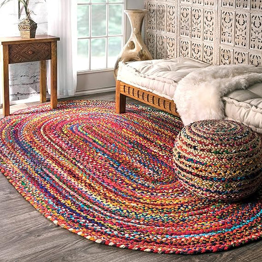 Bornno Aruna Hand-Braided Boho Accent Rug | 3x5 Oval Cotton Rug | Multi-Color Artisan Weave for Pop of Joy