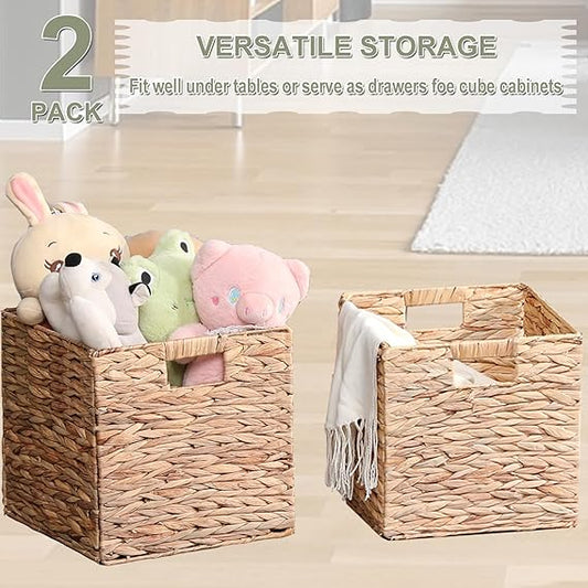 Bornno Haven Foldable Storage Baskets | Set of 2 Handwoven 11" Cube Baskets | Natural Water Hyacinth Organizers for Home & Office