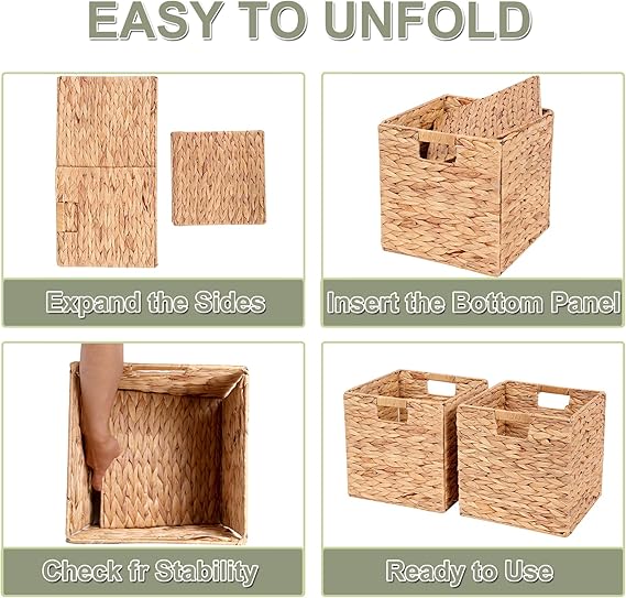 Bornno Haven Foldable Storage Baskets | Set of 2 Handwoven 11" Cube Baskets | Natural Water Hyacinth Organizers for Home & Office