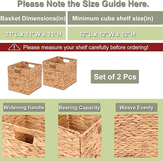 Bornno Haven Foldable Storage Baskets | Set of 2 Handwoven 11" Cube Baskets | Natural Water Hyacinth Organizers for Home & Office