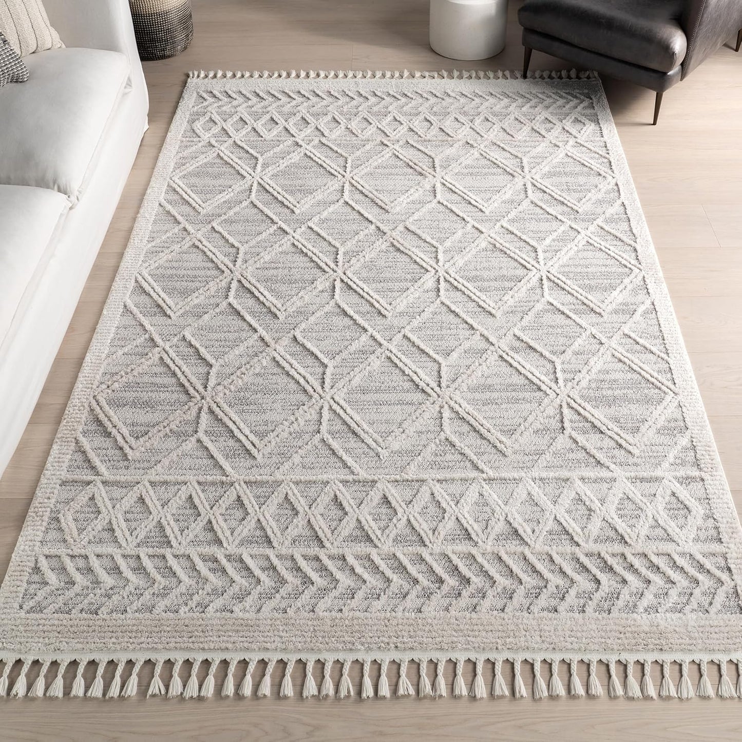 Bornno Casablanca Texture Weave Rug | 7x9 High-Low Plush Area Rug | Stain-Resistant Bohemian Carpet with Tassel Detail