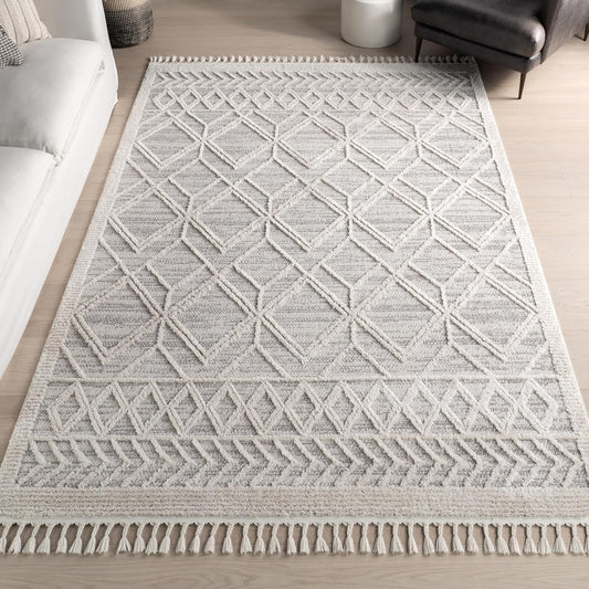 Bornno Casablanca Texture Weave Rug | 7x9 High-Low Plush Area Rug | Stain-Resistant Bohemian Carpet with Tassel Detail
