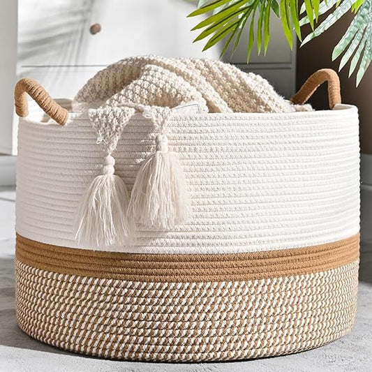 Bornno Nido Woven Storage Basket | 20" Farmhouse Laundry Hamper & Toy Organizer | Cotton Rope Blanket Chest for Nursery & Living Room
