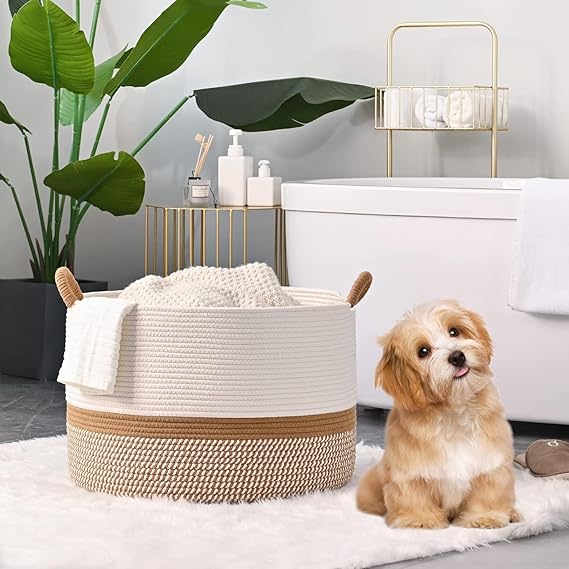 Bornno Nido Woven Storage Basket | 20" Farmhouse Laundry Hamper & Toy Organizer | Cotton Rope Blanket Chest for Nursery & Living Room