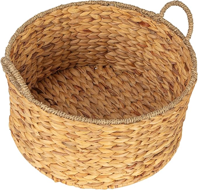 Bornno Solara Round Woven Basket | Handwoven Water Hyacinth & Seagrass Storage | Natural Decor Basket with Oversized Handles
